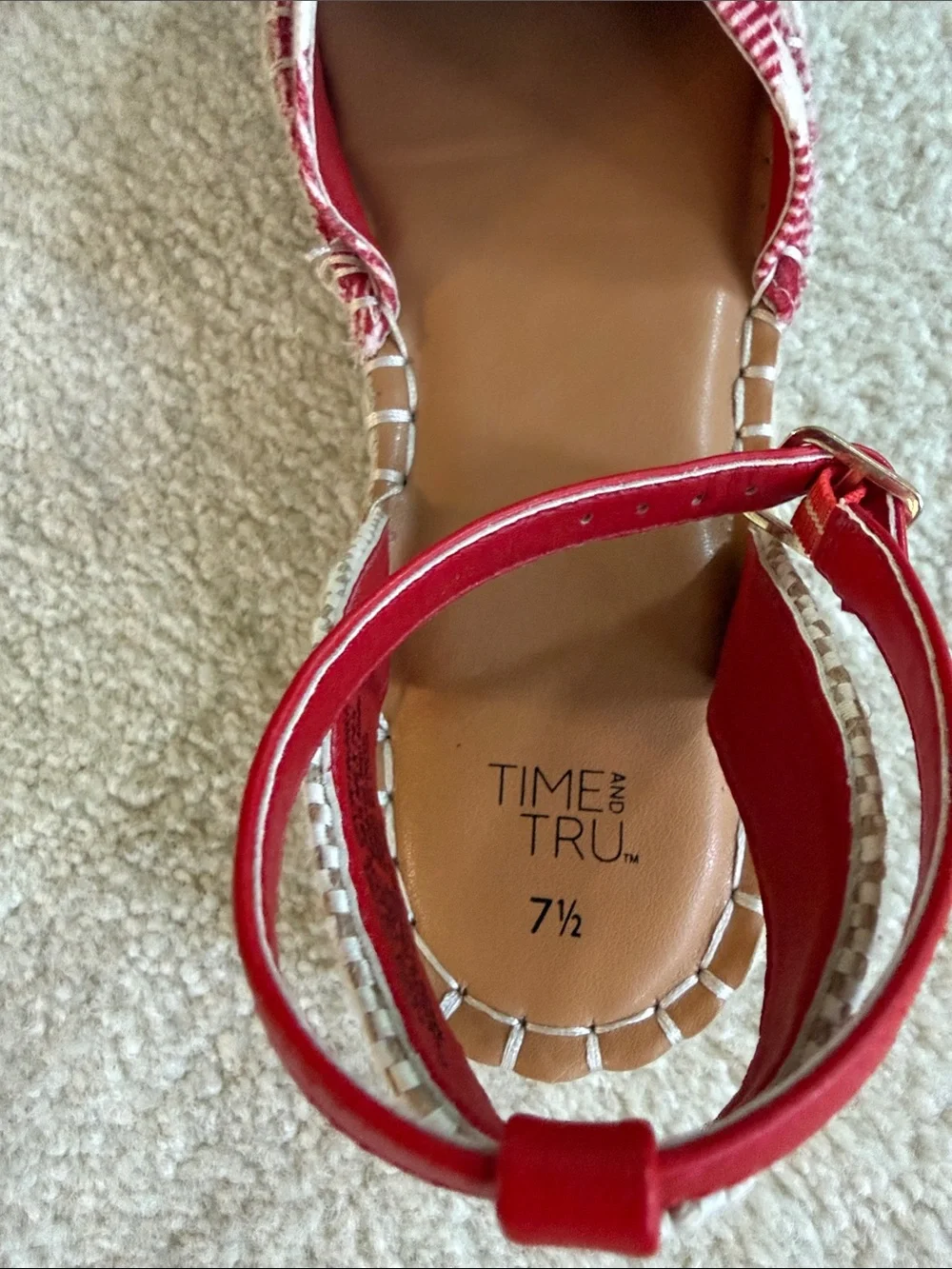 Time and Tru Red and White Gingham Espadrille Sandals with Ankle Strap